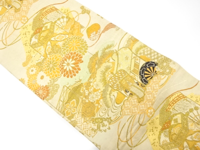 JAPANESE KIMONO / ANTIQUE MARU OBI / WOVEN CARRIAGE WITH KIKU & PINE